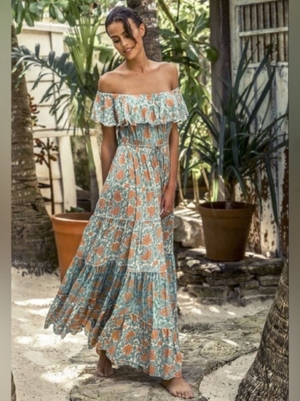 Miss June Maxi Dress Boho Off Shoulder Floral Tiered Cotton Pink Green One Size